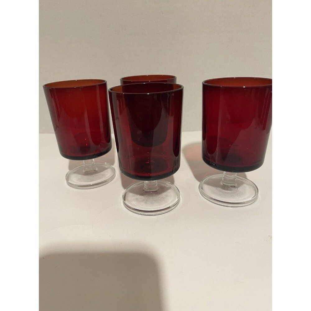 SET OF 4 Vintage Luminarc France Ruby Red Wine Glasses Goblets 4 1/8" Tall